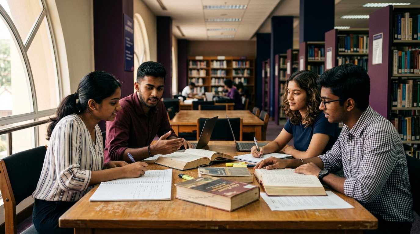 Students studying together in a focused academic learning environment